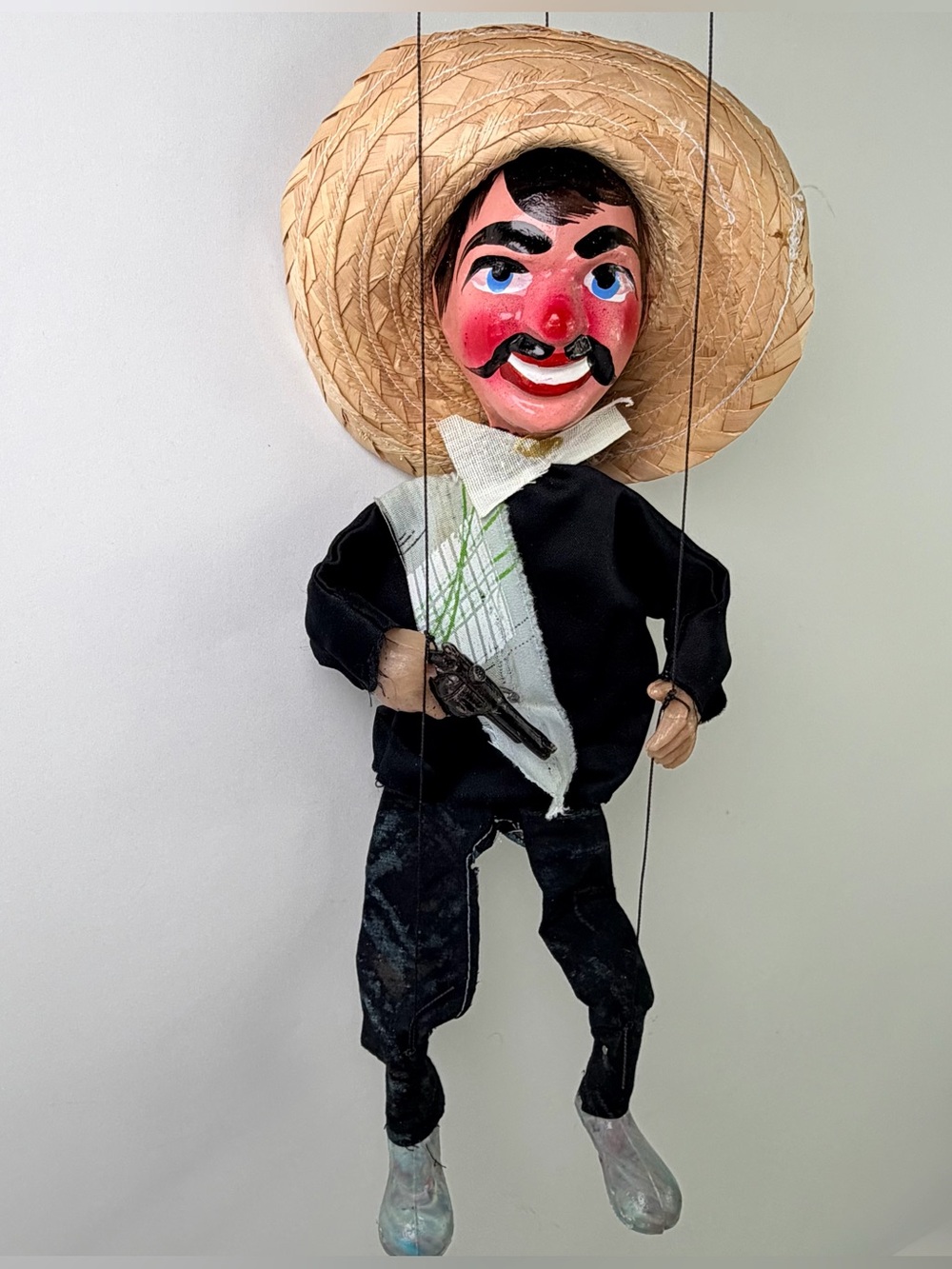 Vintage Mexican Bandit Marionette Puppet Folk Art Hand Painted Mustache Hat Doll